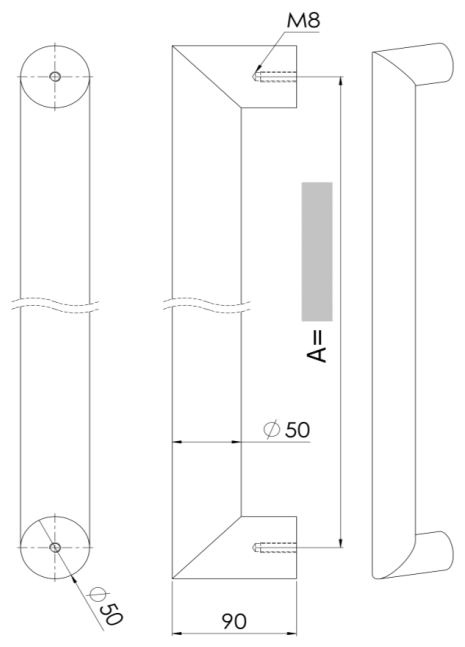 Plan coté du tirant U90° Ø50